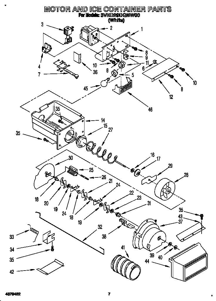 Whirlpool 3VED29DQBW00 motor and ice container diagram