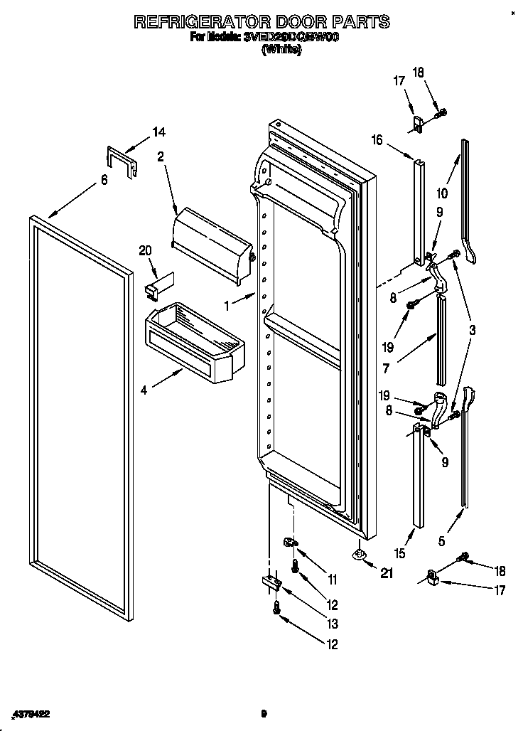 Whirlpool 3VED29DQBW00 refrigerator door diagram