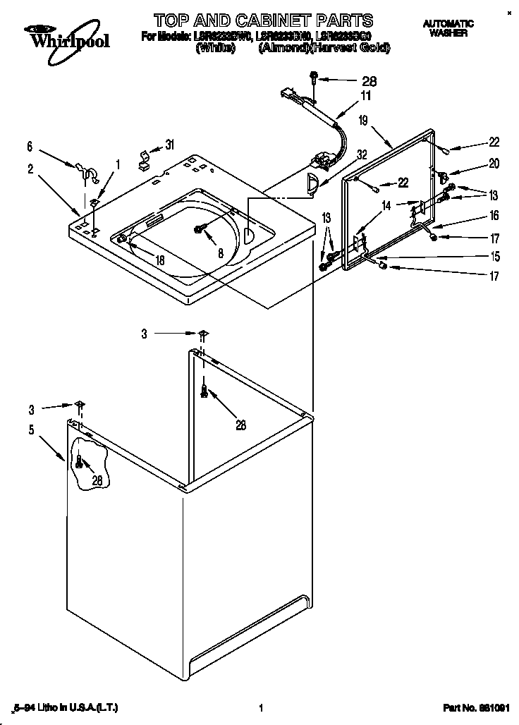 Whirlpool LSR6233BW0 top and cabinet diagram