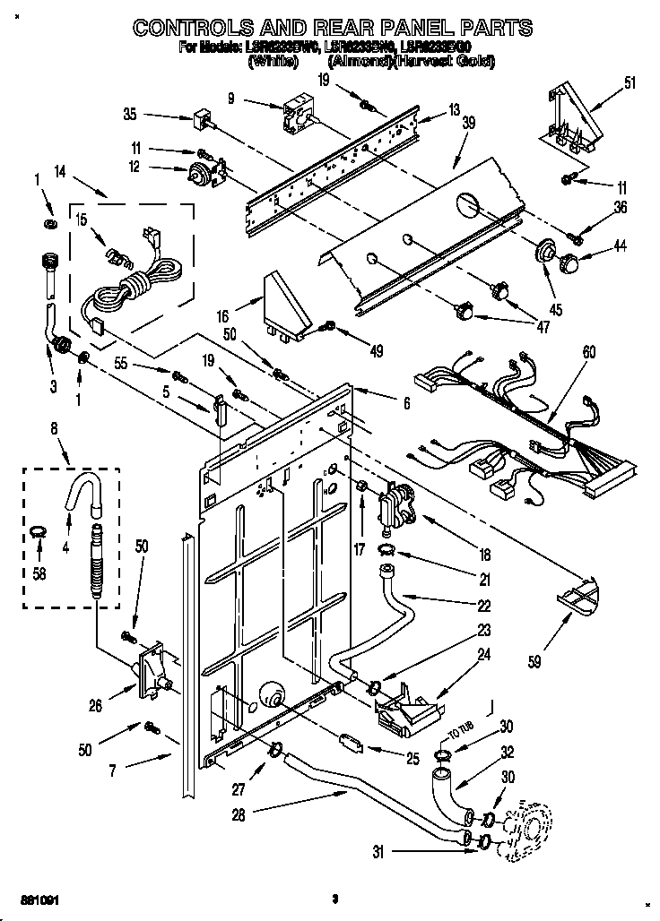 Whirlpool LSR6233BW0 controls and rear panel diagram