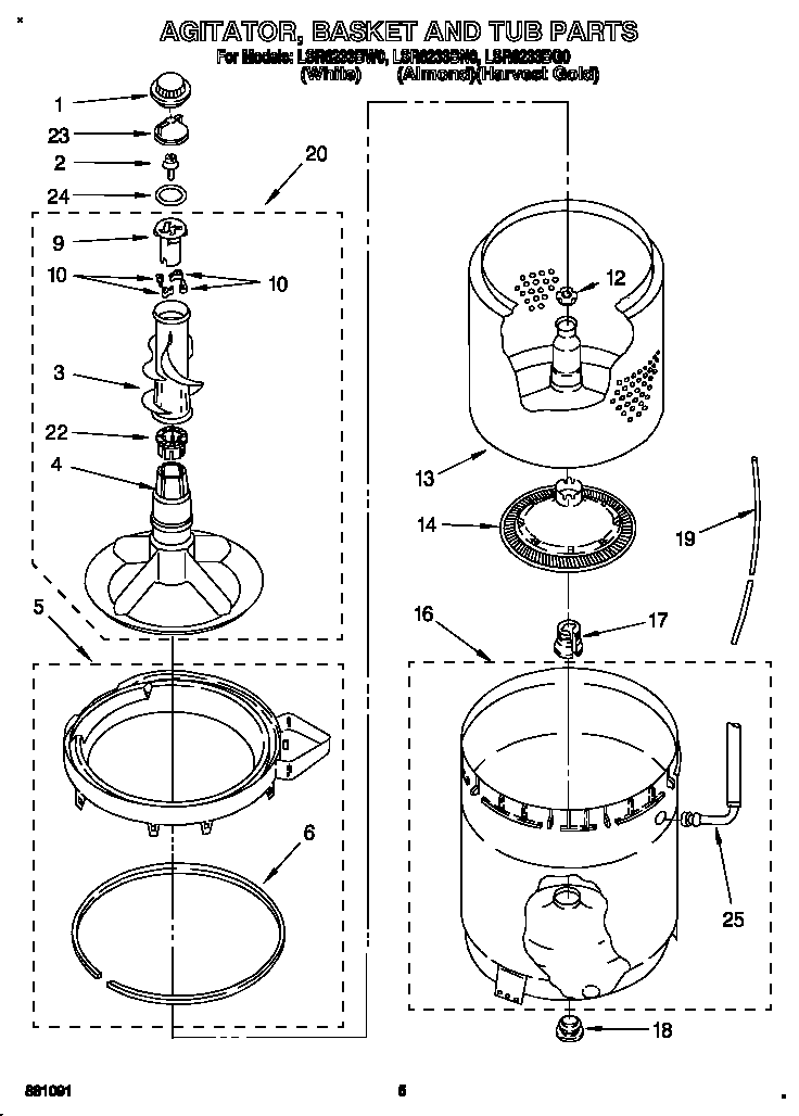 Whirlpool LSR6233BW0 agitator, basket, and tub diagram