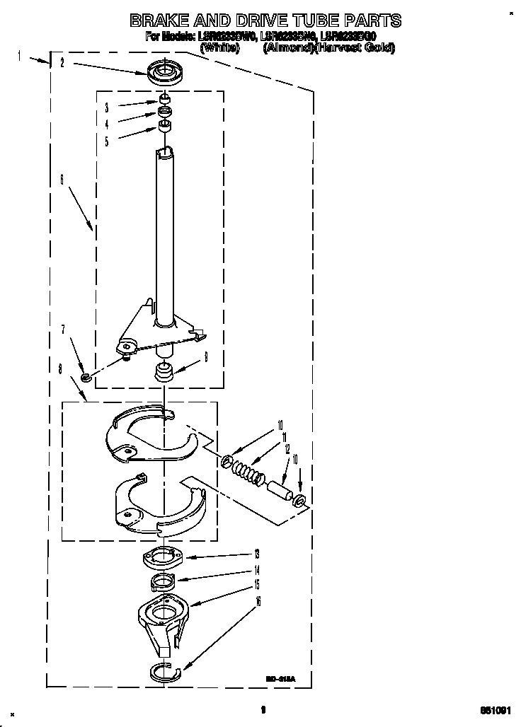 Whirlpool LSR6233BW0 brake and drive tube diagram