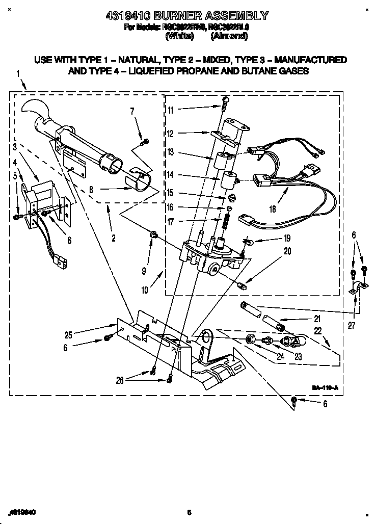 Roper RGC3622BW0 4319410 burner assembly diagram