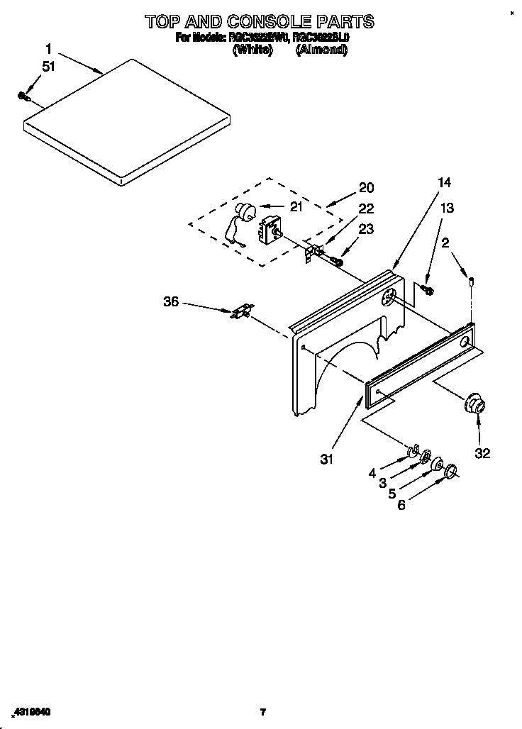 Roper RGC3622BW0 top and console diagram
