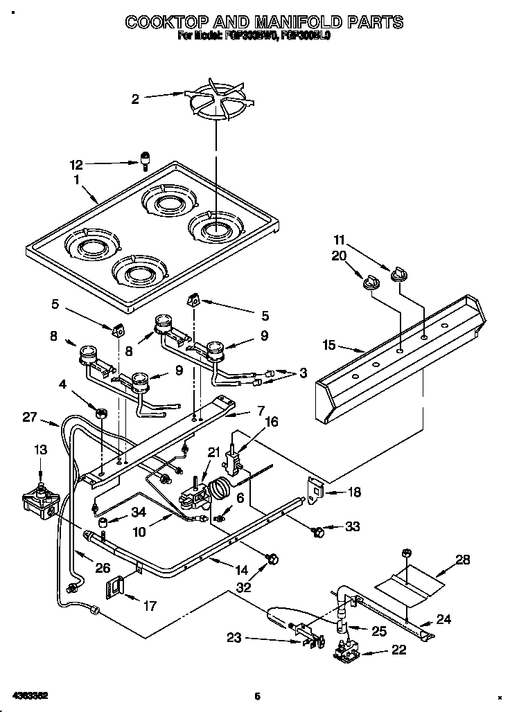 Roper FGP300BW0 cooktop and manifold diagram