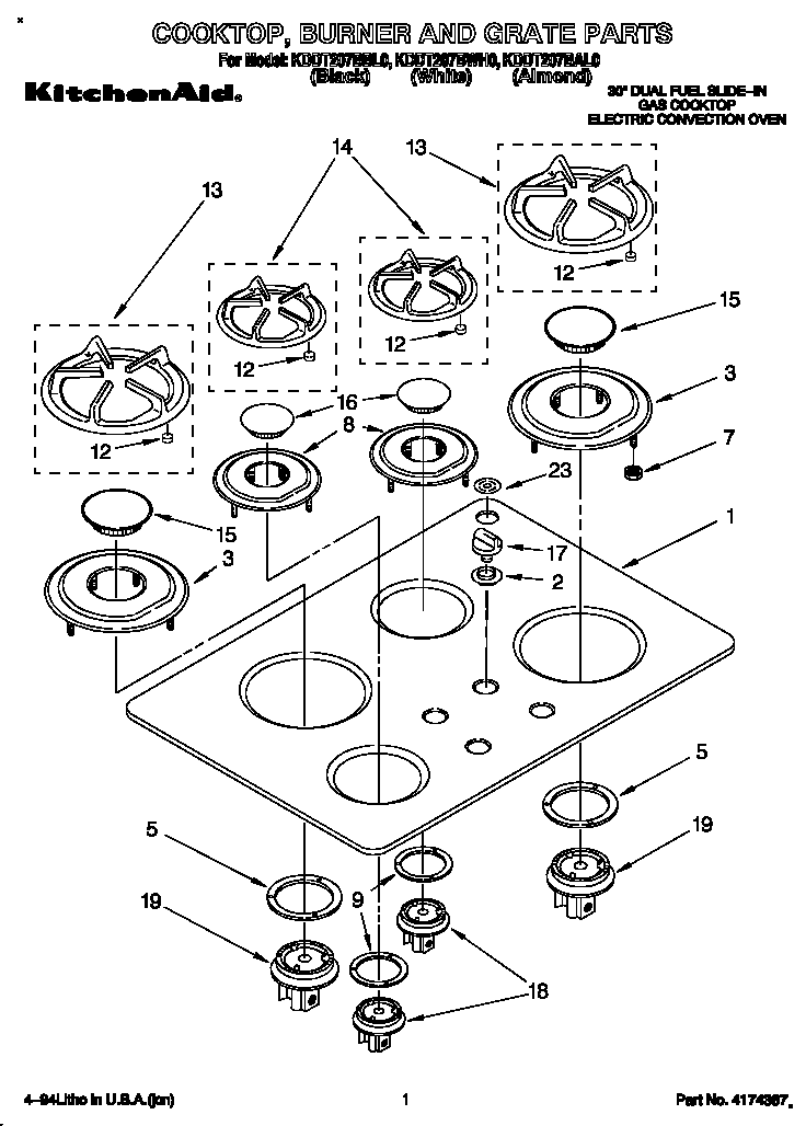 KitchenAid KDDT207BBL0 cooktop, burner and grate diagram