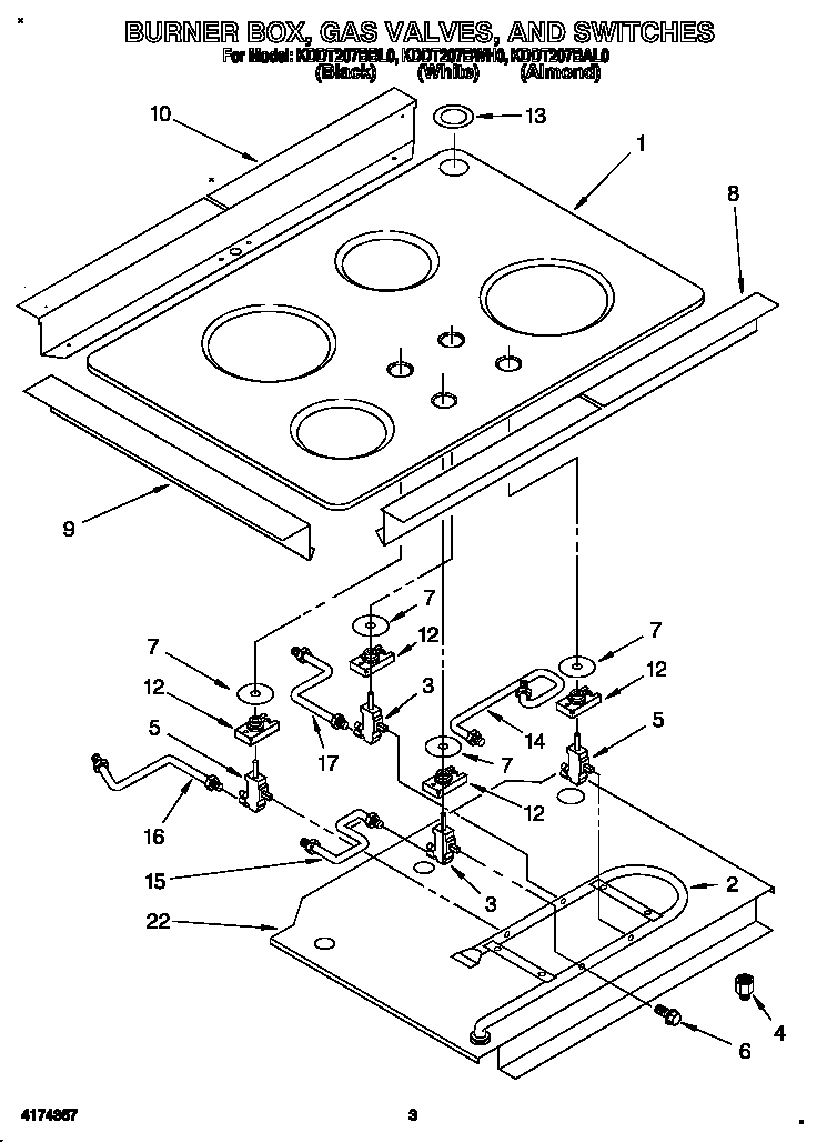 KitchenAid KDDT207BBL0 burner box, gas valves, and switches diagram