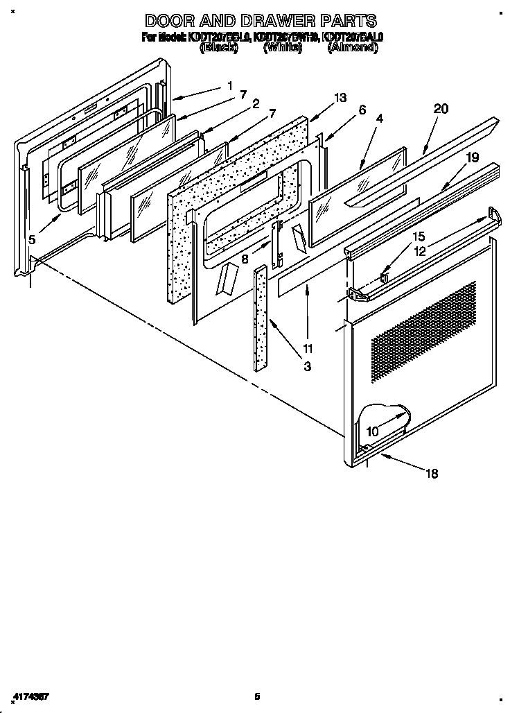 KitchenAid KDDT207BBL0 door and drawer diagram