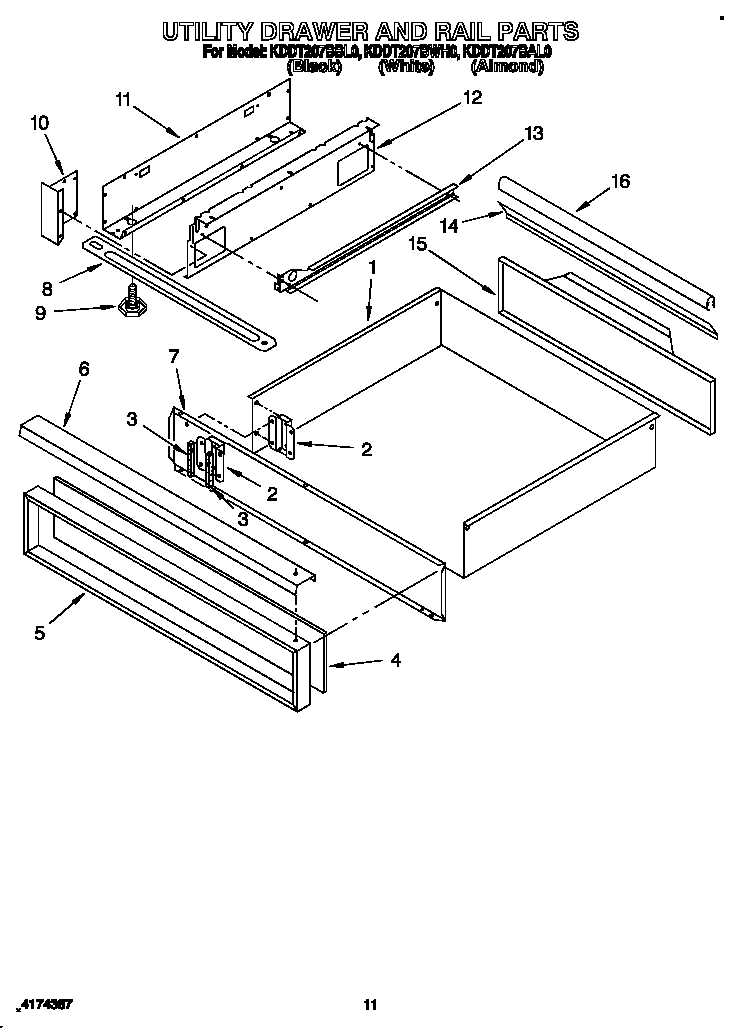 KitchenAid KDDT207BBL0 utility drawer and rail diagram