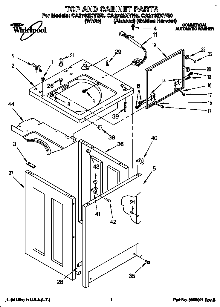 Whirlpool CA2762XYW0 top and cabinet diagram