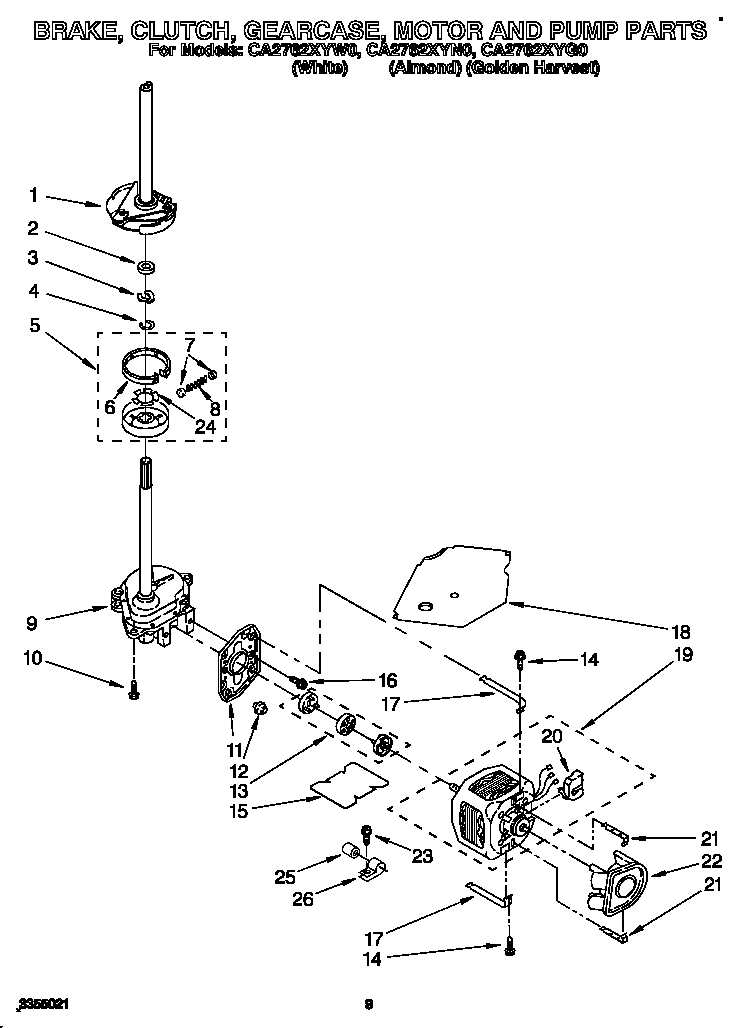 Whirlpool CA2762XYW0 brake, clutch, gearcase, motor and pump diagram