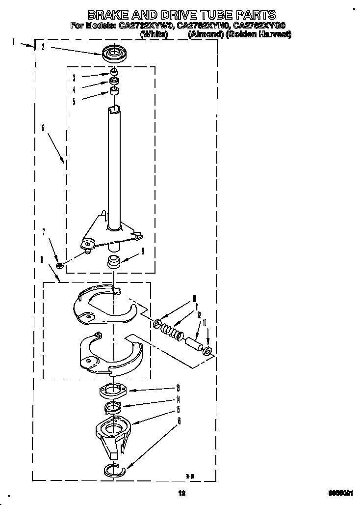 Whirlpool CA2762XYW0 brake and drive tube diagram