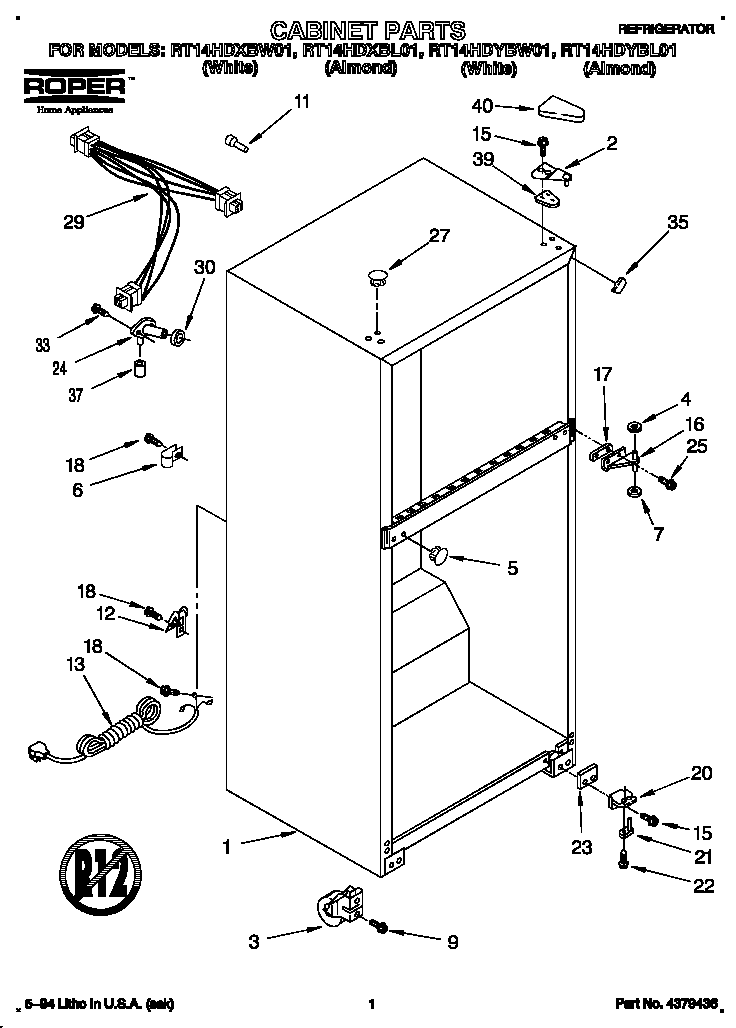 Roper RT14HDYBW01 cabinet diagram