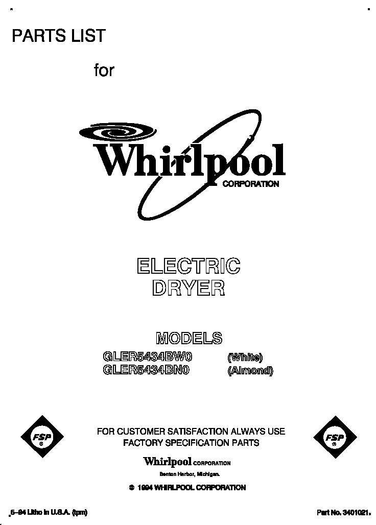 Whirlpool GLER5434BN0 front cover diagram