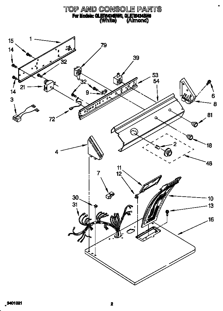 Whirlpool GLER5434BN0 top and console diagram