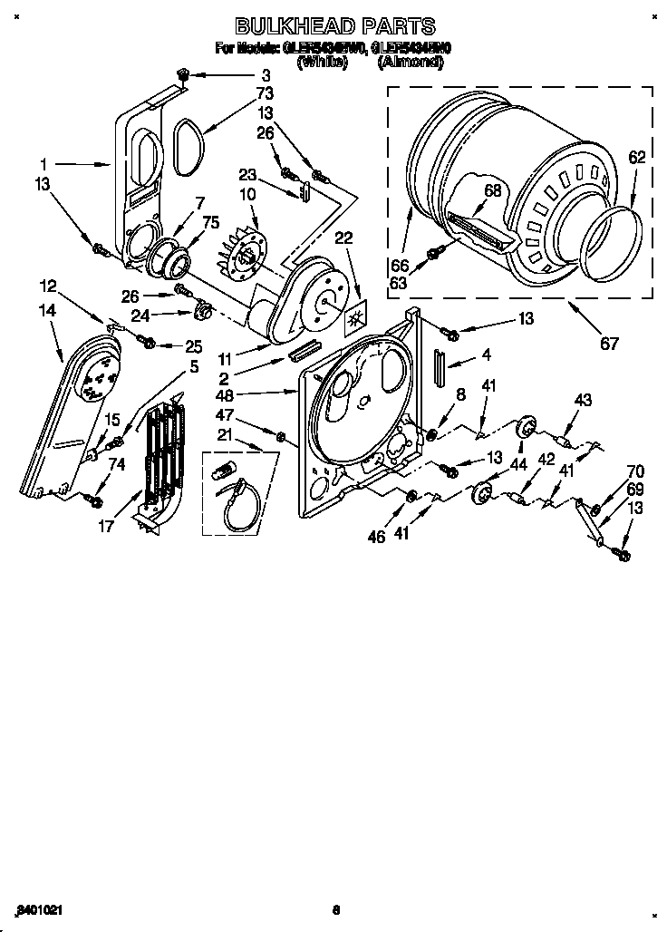 Whirlpool GLER5434BN0 bulkhead diagram