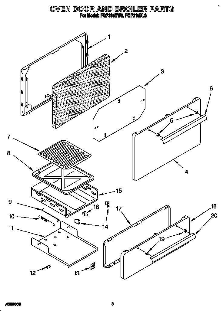 Roper FGP315BW0 oven door and broiler diagram