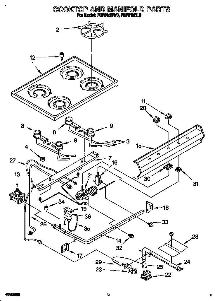 Roper FGP315BW0 cooktop and manifold diagram