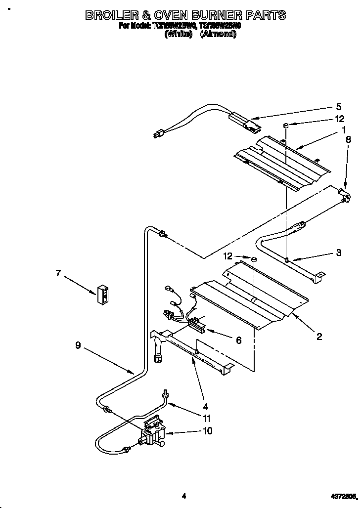 Whirlpool TGR88W2BN0 broiler & oven burner diagram