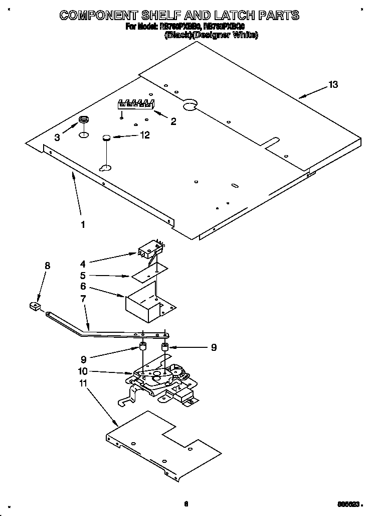 Whirlpool RB760PXBQ0 component shelf and latch diagram