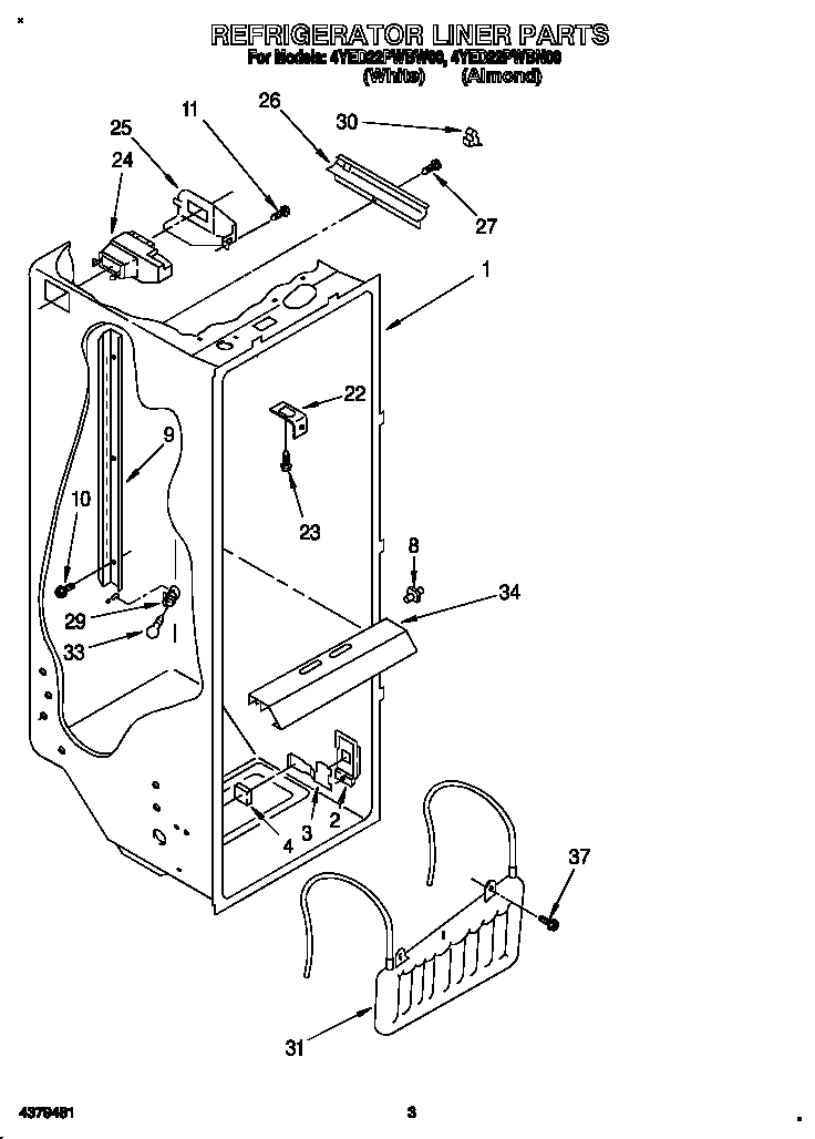 Whirlpool 4YED22PWBW00 refrigerator liner diagram