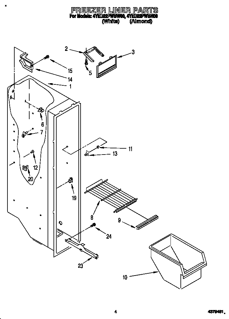 Whirlpool 4YED22PWBW00 freezer liner diagram