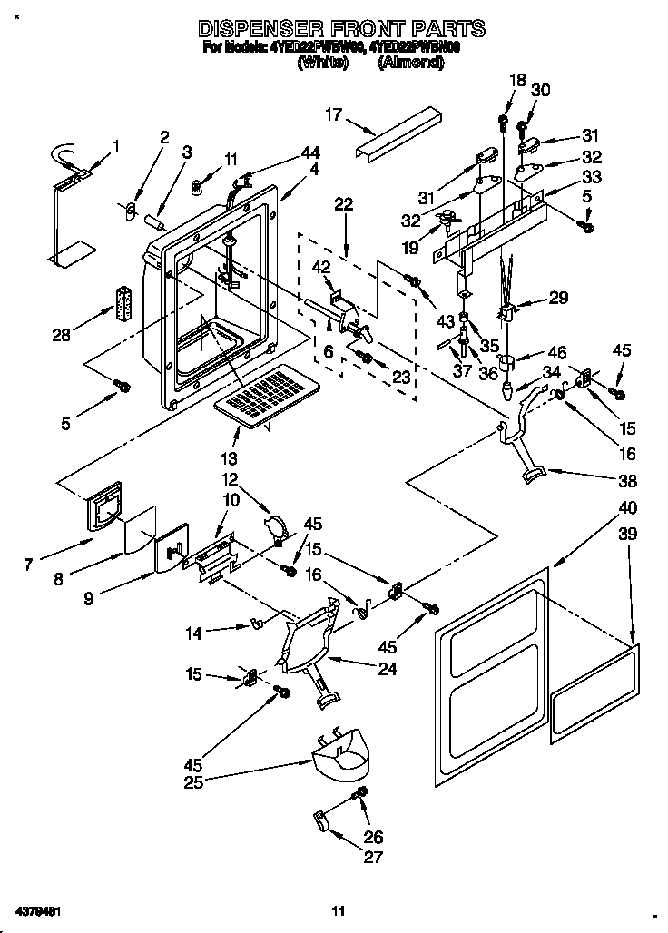 Whirlpool 4YED22PWBW00 dispenser front diagram