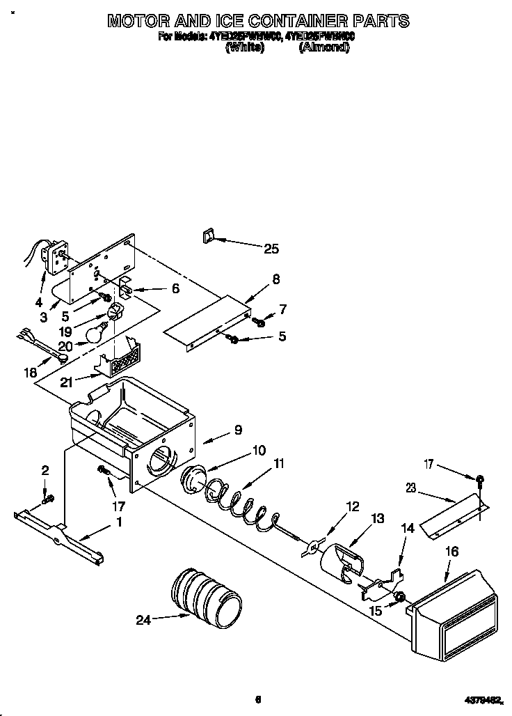 Whirlpool 4YED25PWBN00 motor and ice container diagram