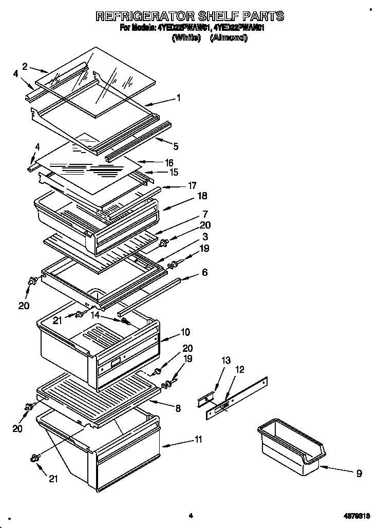 Whirlpool 4YED22PWAW01 refrigerator shelf diagram