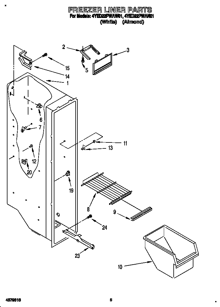 Whirlpool 4YED22PWAW01 freezer liner diagram