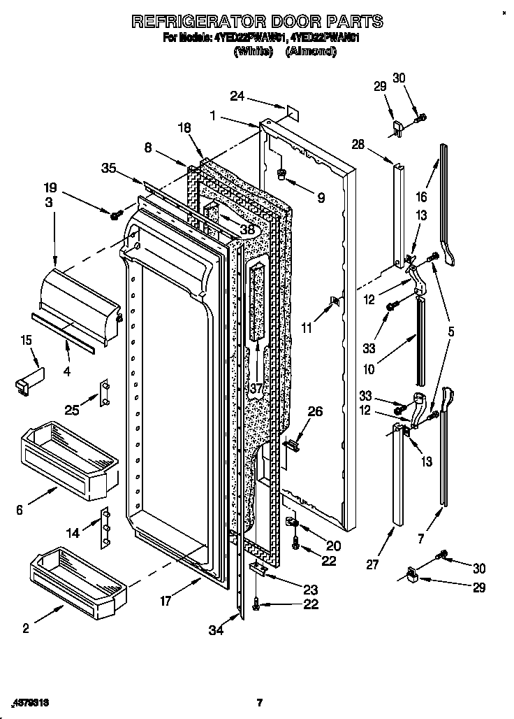 Whirlpool 4YED22PWAW01 refrigerator door diagram