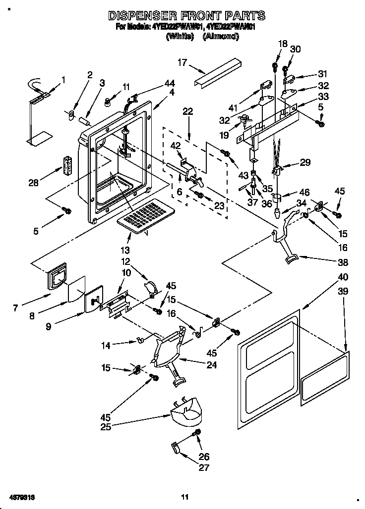 Whirlpool 4YED22PWAW01 dispenser front diagram