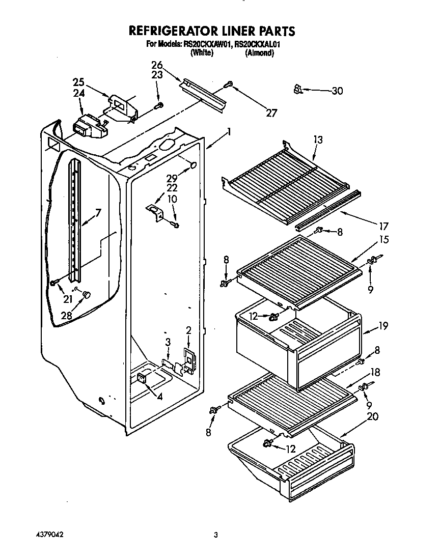 Roper RS20CKXAW01 refrigerator liner diagram