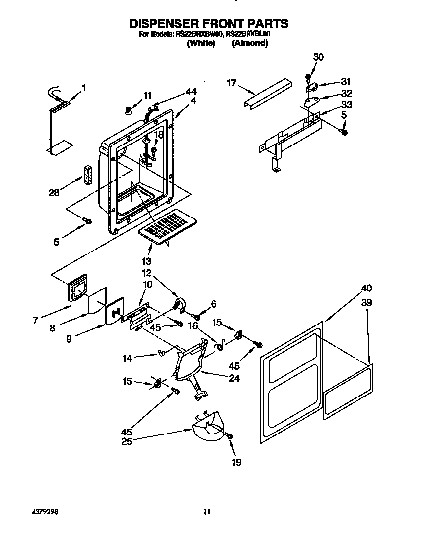 Roper RS22BRXBW00 dispenser front diagram