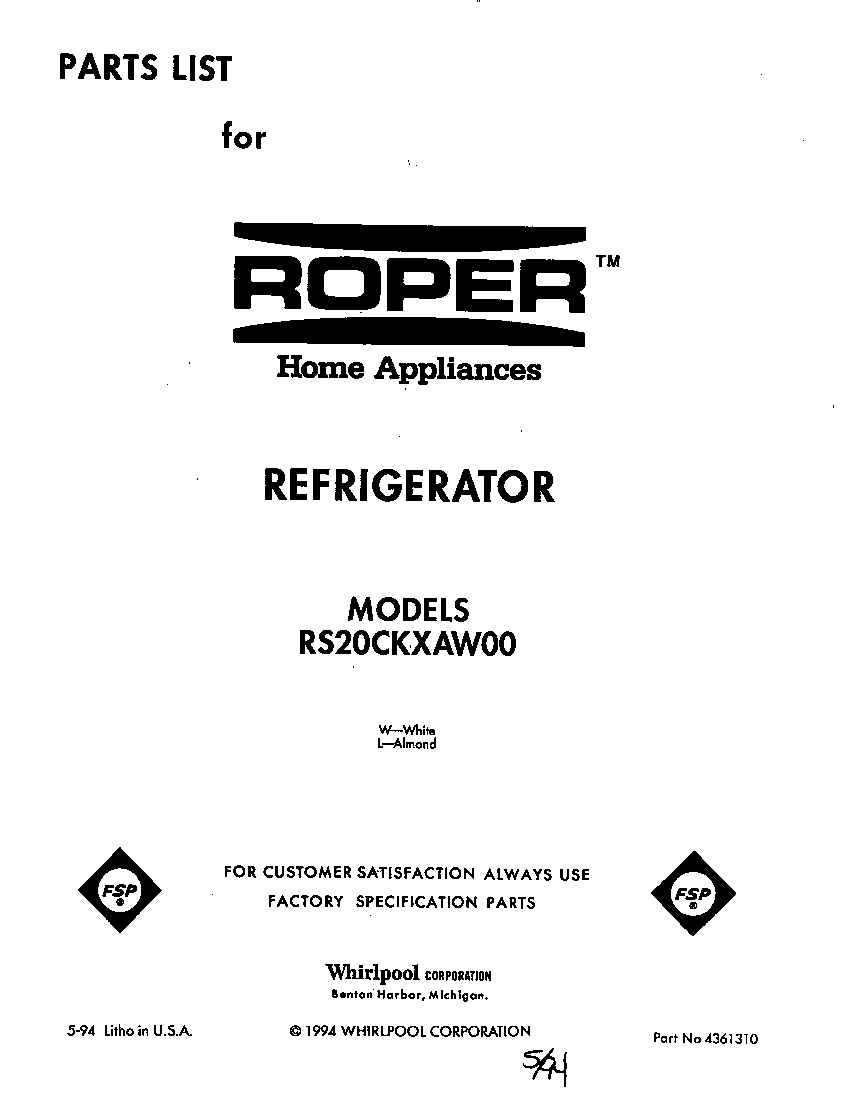 Roper RS20CKXAL00 front cover diagram