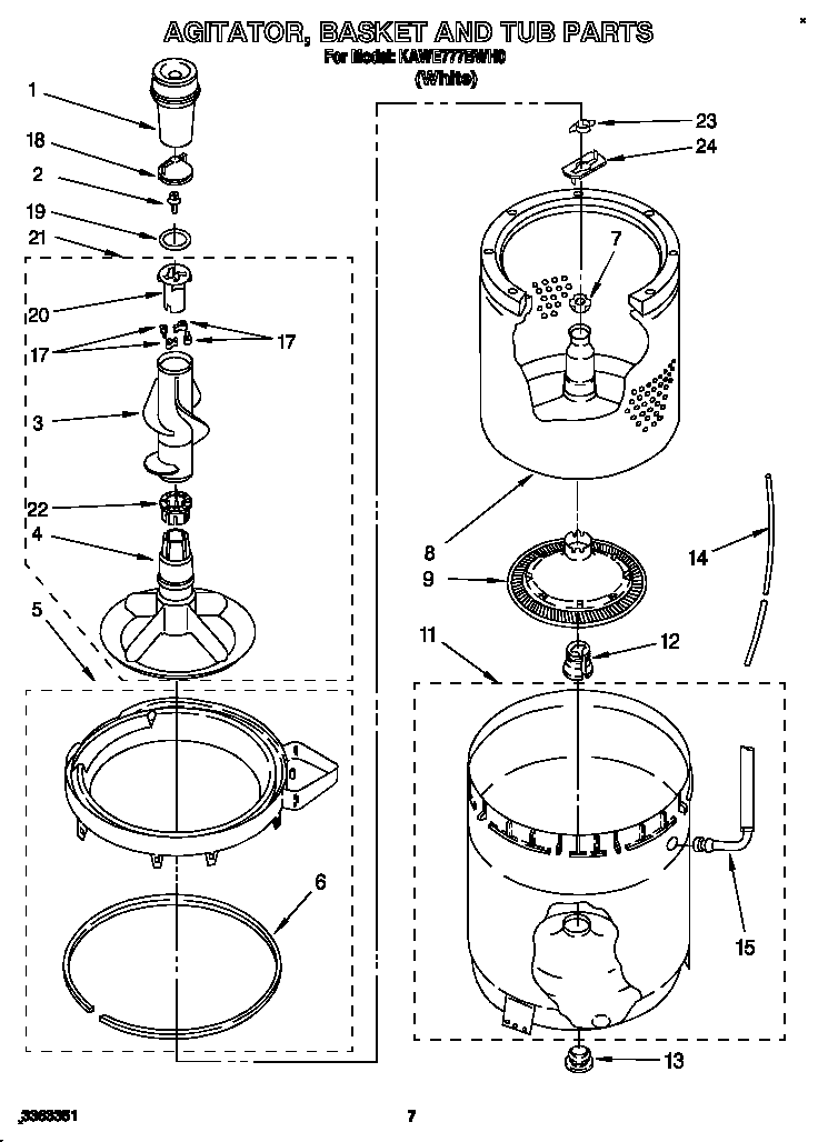 KitchenAid KAWE777BWH0 agitator, basket, and tub diagram