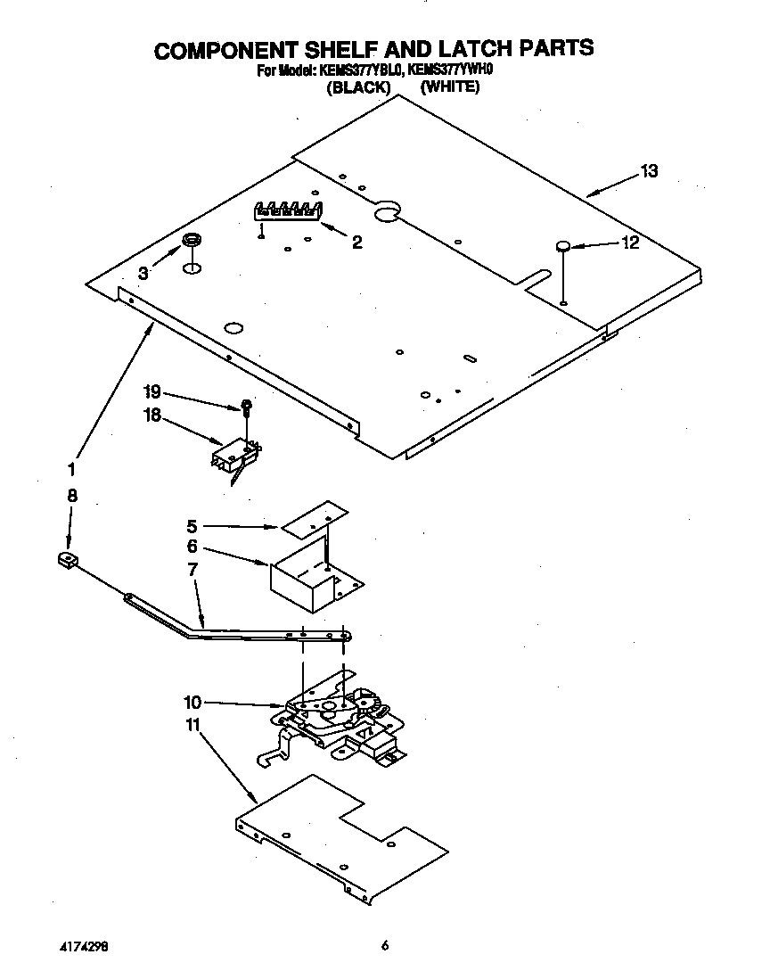 KitchenAid KEMS377YWH0 component shelf and latch diagram