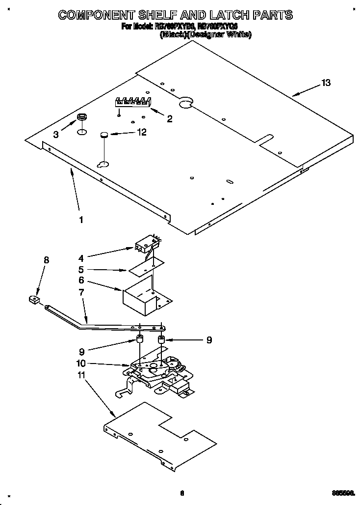 Whirlpool RB760PXYQ6 component shelf and latch diagram