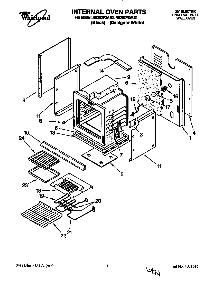 Whirlpool RB262PXAQ2 internal oven diagram