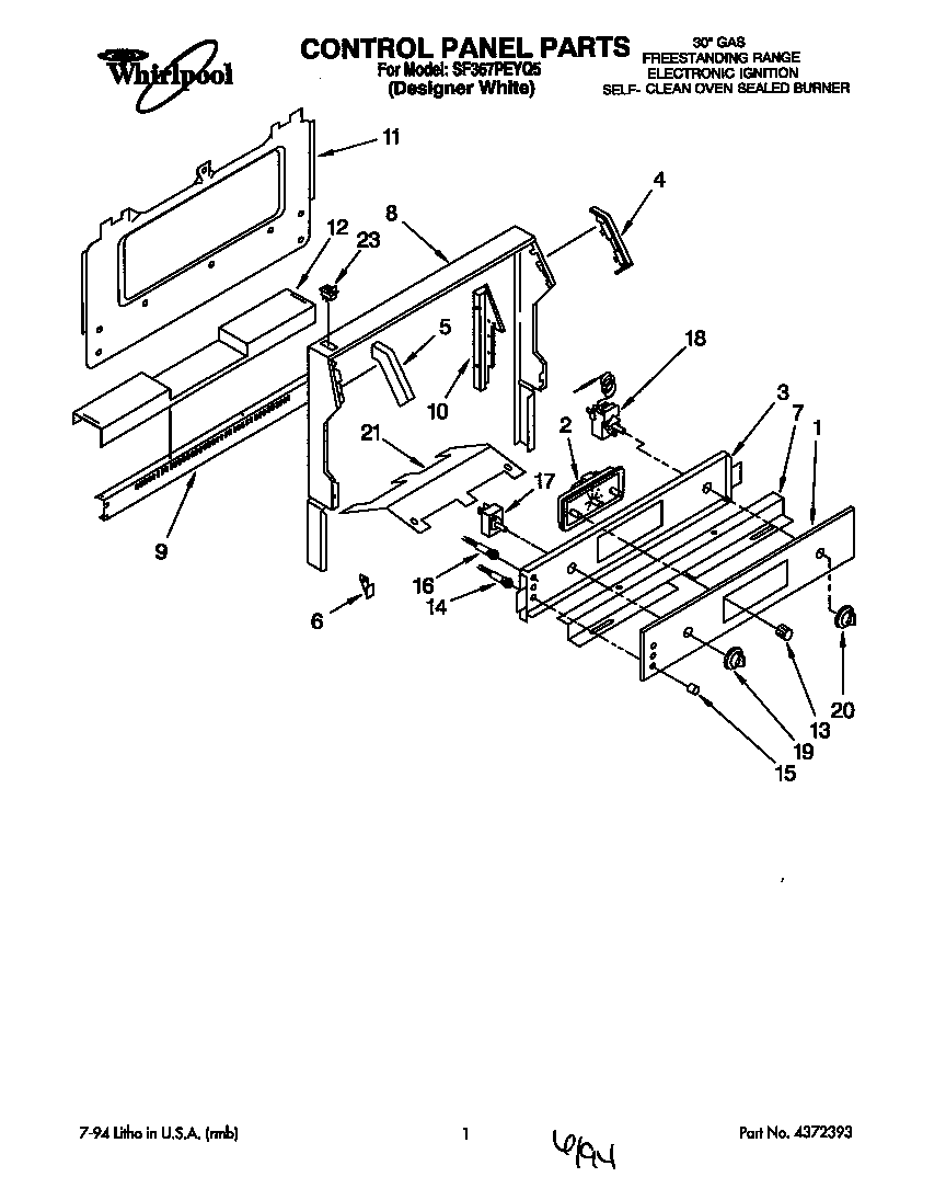 Whirlpool SF367PEYQ5 control panel diagram