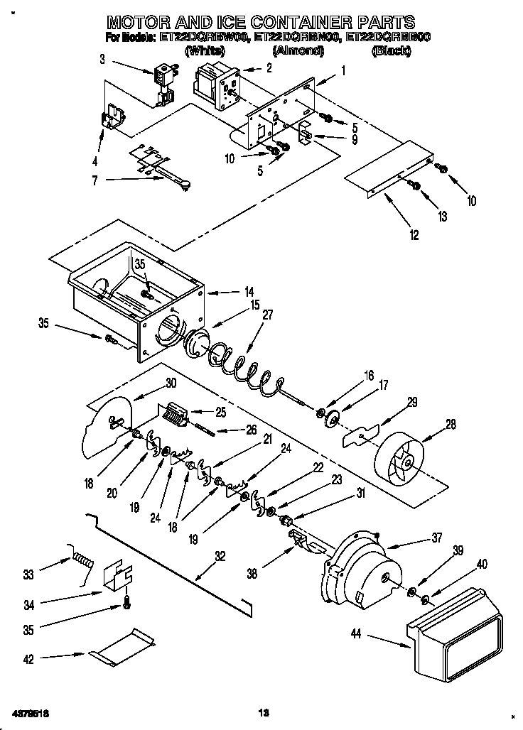 Whirlpool ET22DQRBW00 motor and ice container diagram