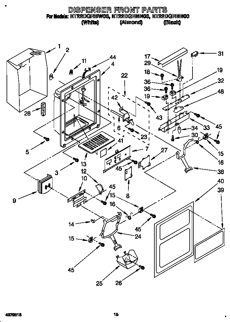 Whirlpool ET22DQRBW00 dispenser front diagram