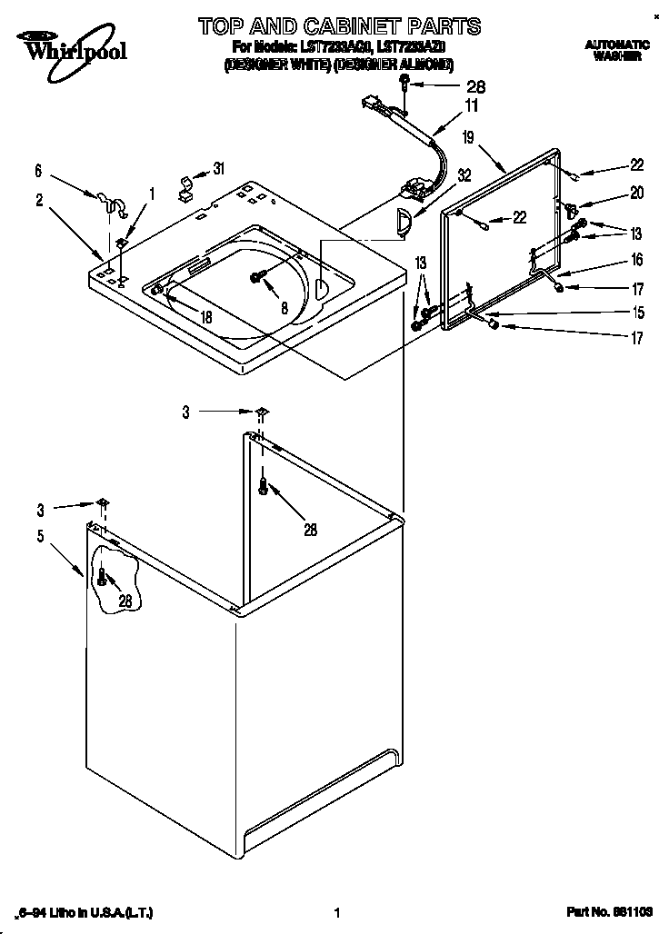 Whirlpool LST7233AQ0 top and cabinet diagram