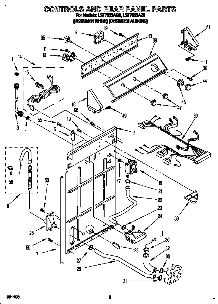Whirlpool LST7233AQ0 controls and rear panel diagram