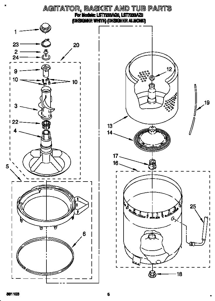 Whirlpool LST7233AQ0 agitator, basket and tub diagram