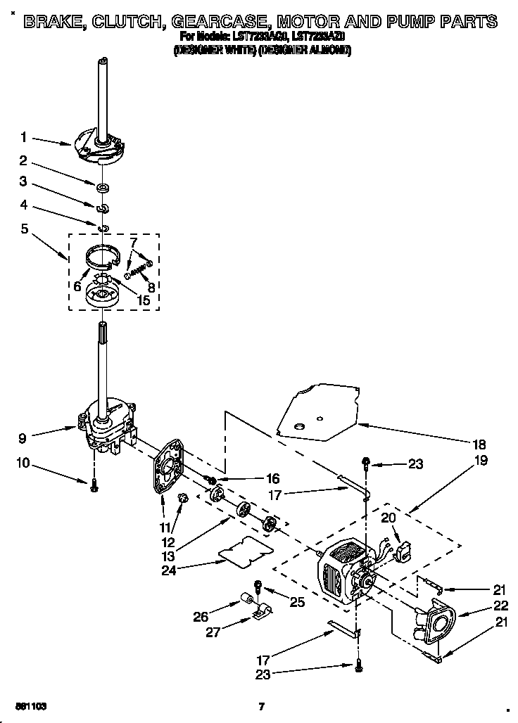 Whirlpool LST7233AQ0 brake, clutch, gearcase, motor and pump diagram
