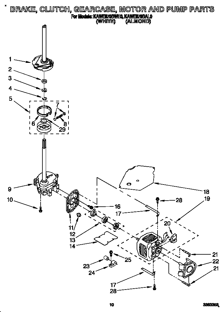 KitchenAid KAWE870BAL0 brake, clutch, gearcase, motor and pump diagram