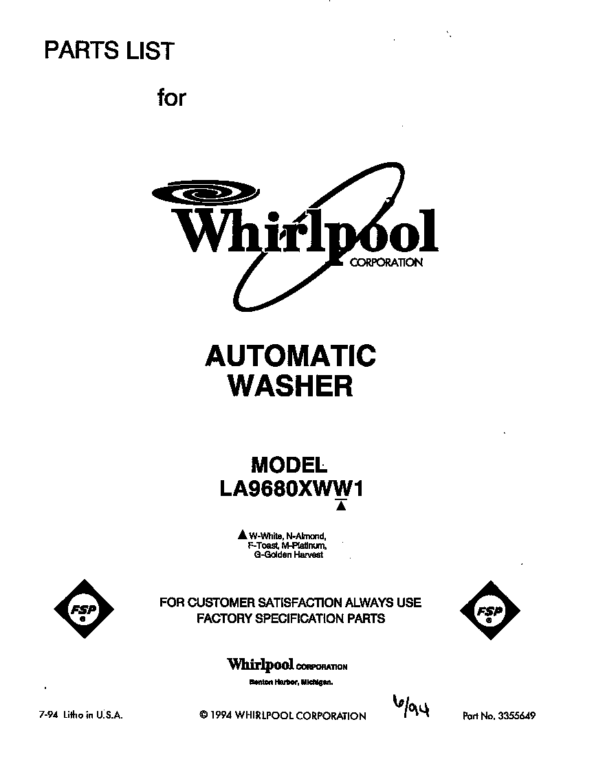 Whirlpool LA9680XWN1 front cover diagram