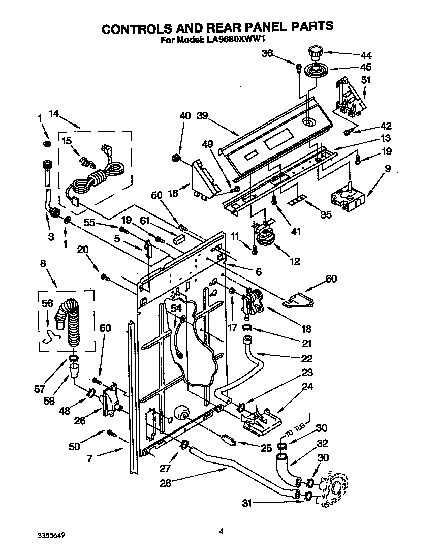 Whirlpool LA9680XWN1 controls and rear panel diagram