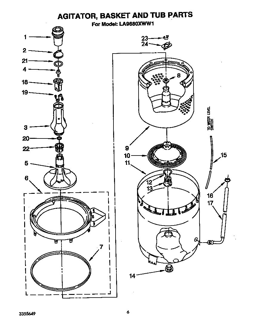 Whirlpool LA9680XWN1 agitator, basket and tub diagram